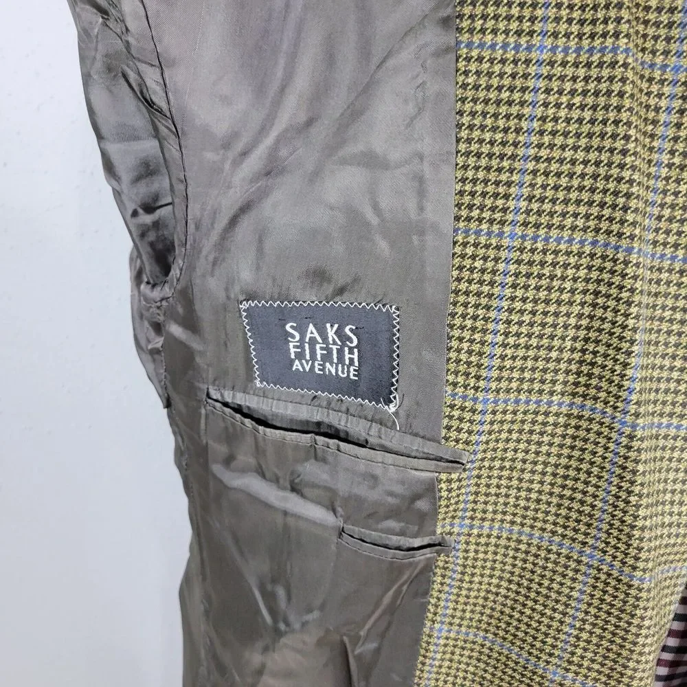 Saks Fifth Avenue KINGSWOOD SPJ Men's Sport Coat‎ Blazer Houndstooth Beige 42R